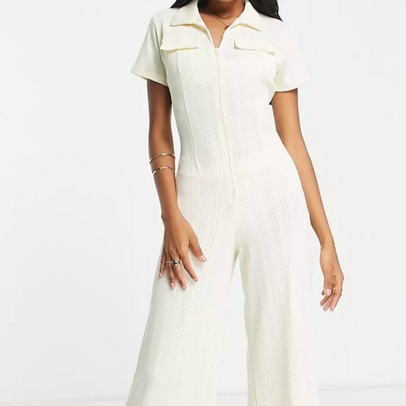ASOS Pants - ASOS 70's zip front collared jumpsuit in pointelle Size Small US 4 Flare Beige